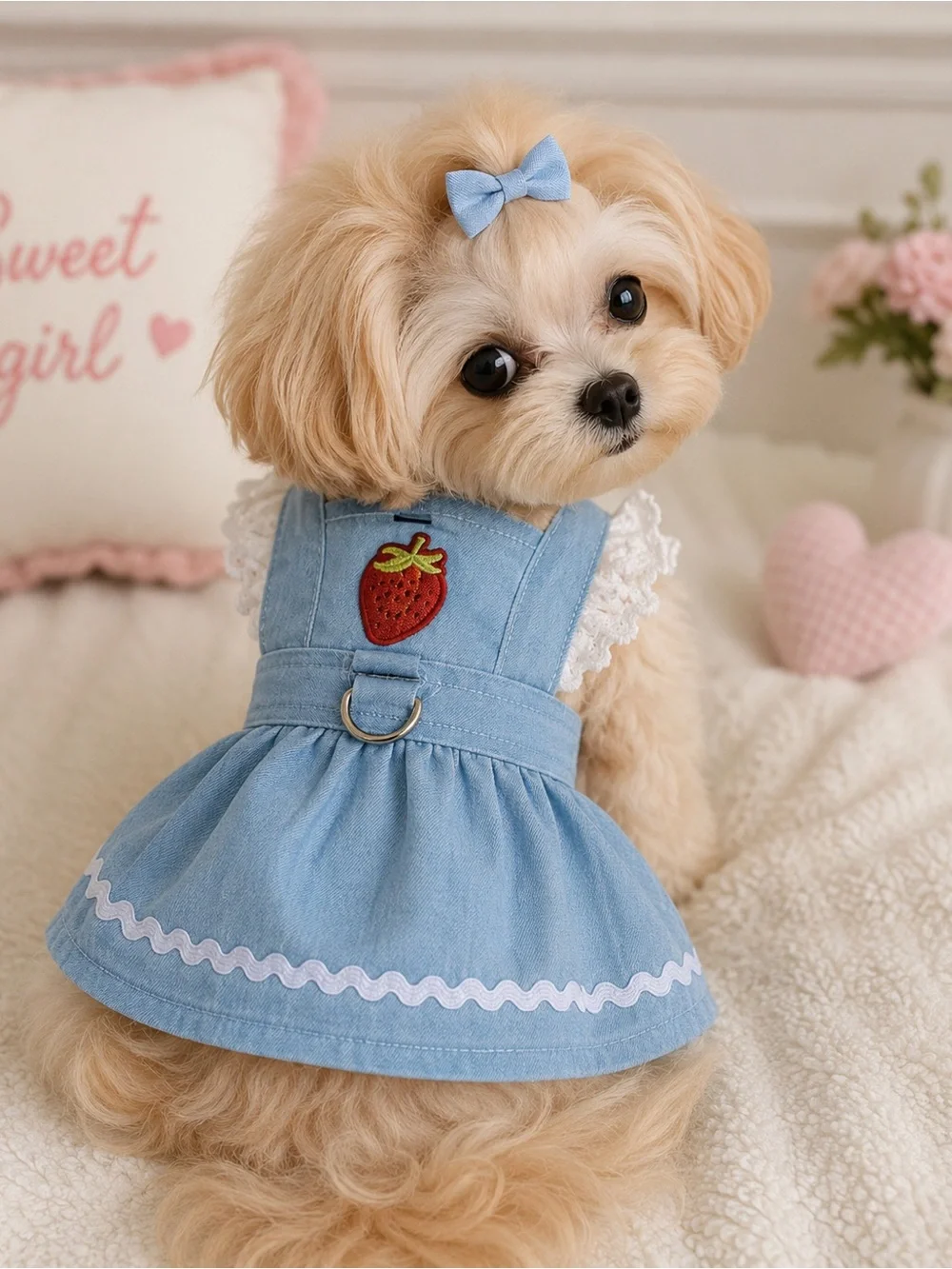 Light Blue Denim Strawberry Dog Dress with D-Ring